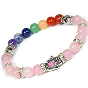 Rose Quartz Hamsa 7 Chakra Bracelet